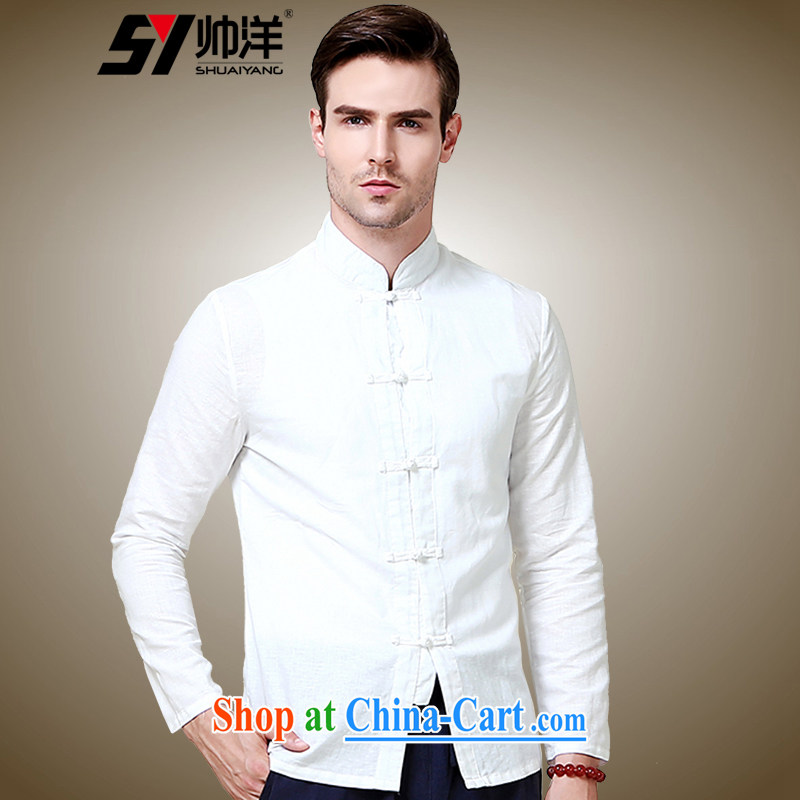 cool ocean 2015 new cotton Ma Man Tang with long-sleeved shirt China wind up collar shirt 100a Chinese solid T-shirt white 41_175
