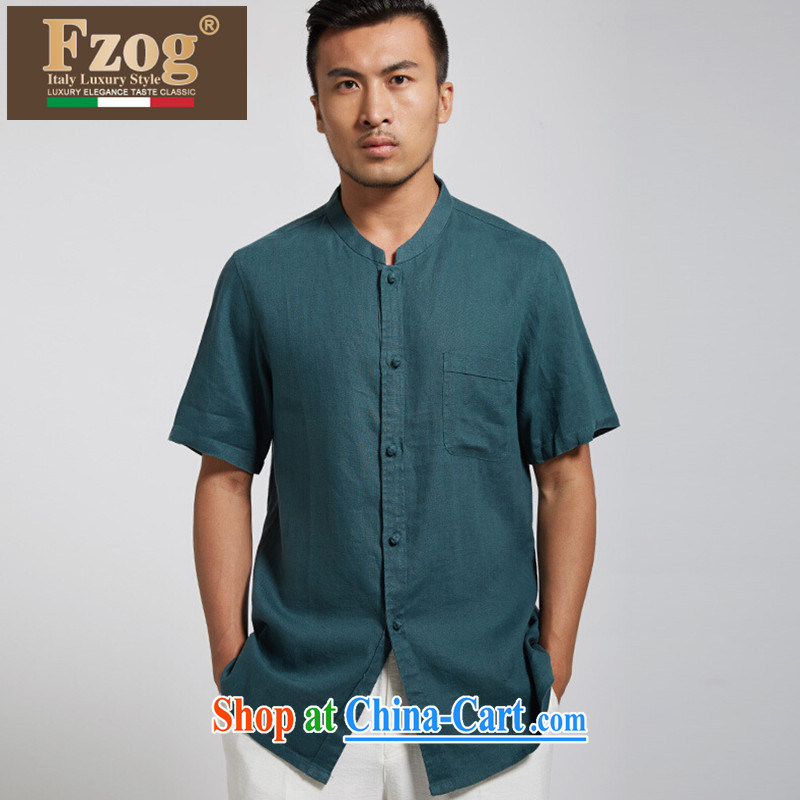 2015 FZOG new leisure Chinese short-sleeve T-shirt green genuine linen men's China wind summer green XXXL