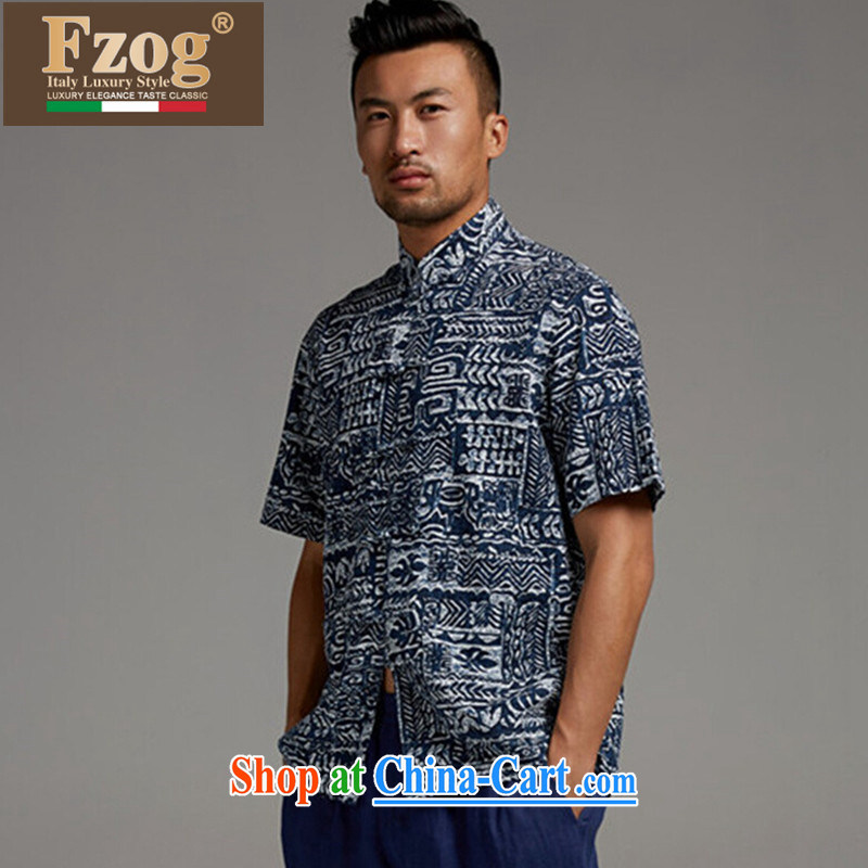 FZOG summer 2015 new, older men's short-sleeved T-shirt casual China wind stamp tray snaps Tang blue XL