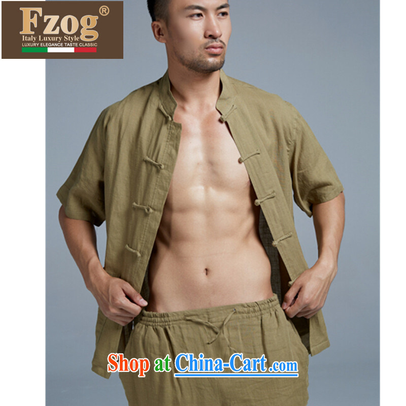 FZOG China wind Tang with a short-sleeved high-end linen Chinese T-shirt summer Classic manual tray snap male yellow and green XXXL, FZOG, shopping on the Internet