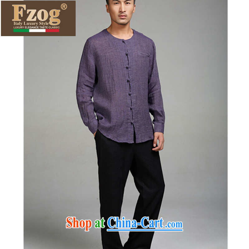 FZOG high correct Chinese wind male Chinese linen long-sleeved T-shirt summer round-collar antique Chinese purple XXXL, FZOG, shopping on the Internet
