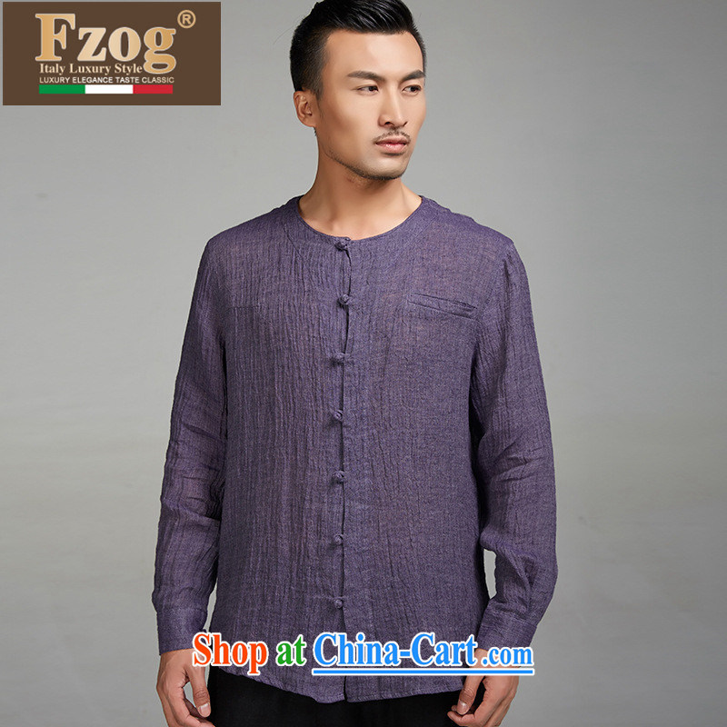 FZOG high correct Chinese wind male Chinese linen long-sleeved T-shirt summer round-collar antique Chinese purple XXXL, FZOG, shopping on the Internet