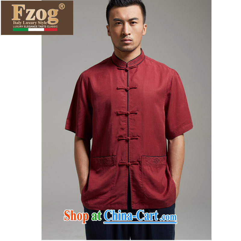 FZOG summer 2015 New Men's Chinese-buckle Tang fitted T-shirt thin middle-aged short-sleeved, Father red XXL, FZOG, shopping on the Internet