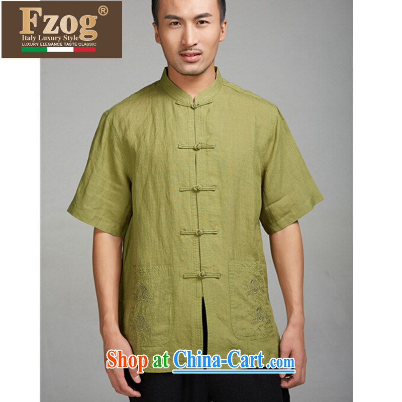 FZOG new linen men's Chinese Chinese-tie short-sleeved T-shirt Chinese style solid color summer from hot green XXXL, FZOG, shopping on the Internet