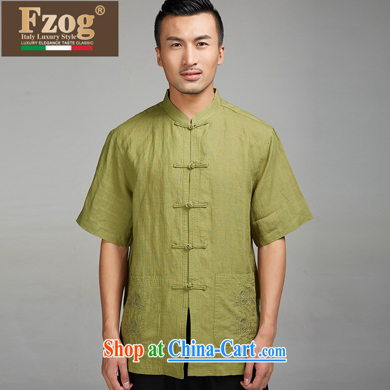 FZOG new linen men's Chinese Chinese-tie short-sleeved T-shirt Chinese style solid color summer from hot green XXXL, FZOG, shopping on the Internet