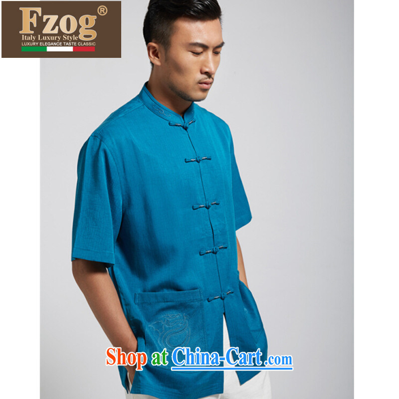 FZOG classic embroidery short-sleeved, collared T-shirt Mr Ronald ARCULLI in men's National wind Chinese-buckle Tang blue XXXL, FZOG, shopping on the Internet