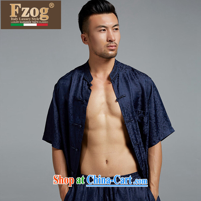FZOG high-end sauna silk short-sleeved T-shirt Chinese classic hand-tie China wind men's leisure Tang blue XXXL, FZOG, shopping on the Internet