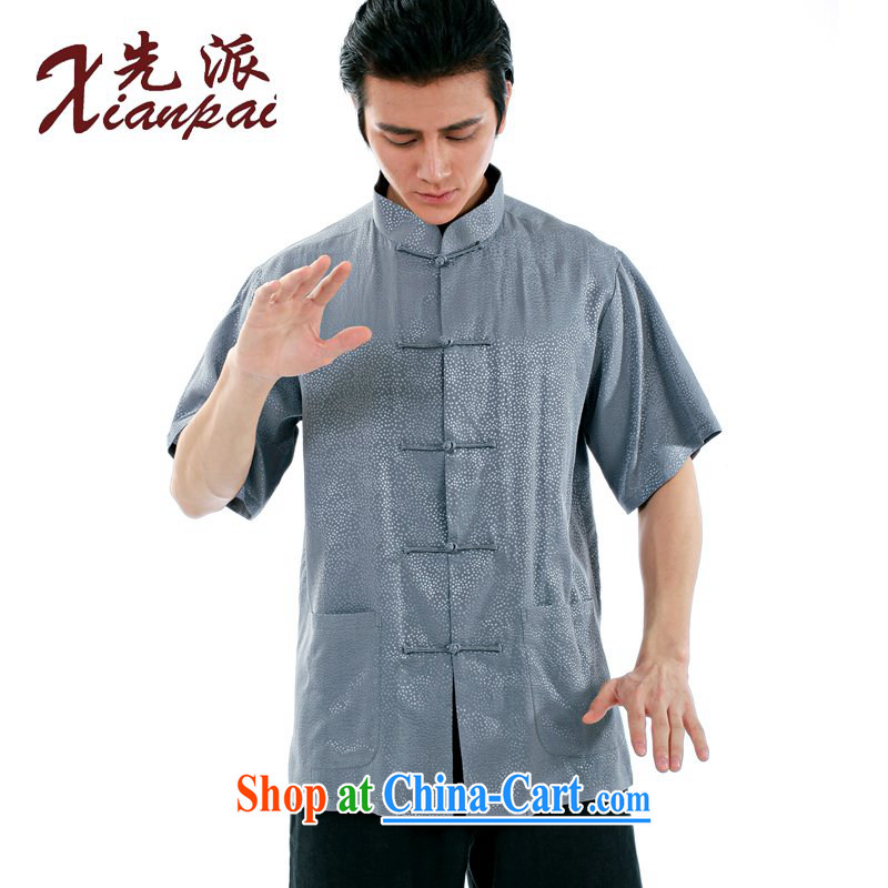 First summer silk sauna in the Men's Youth Chinese short-sleeve and collar loose Chinese Chinese wind-buckle up for Chinese summer silk Chinese short-sleeved gray sauna-band short-sleeved T-shirt XXL