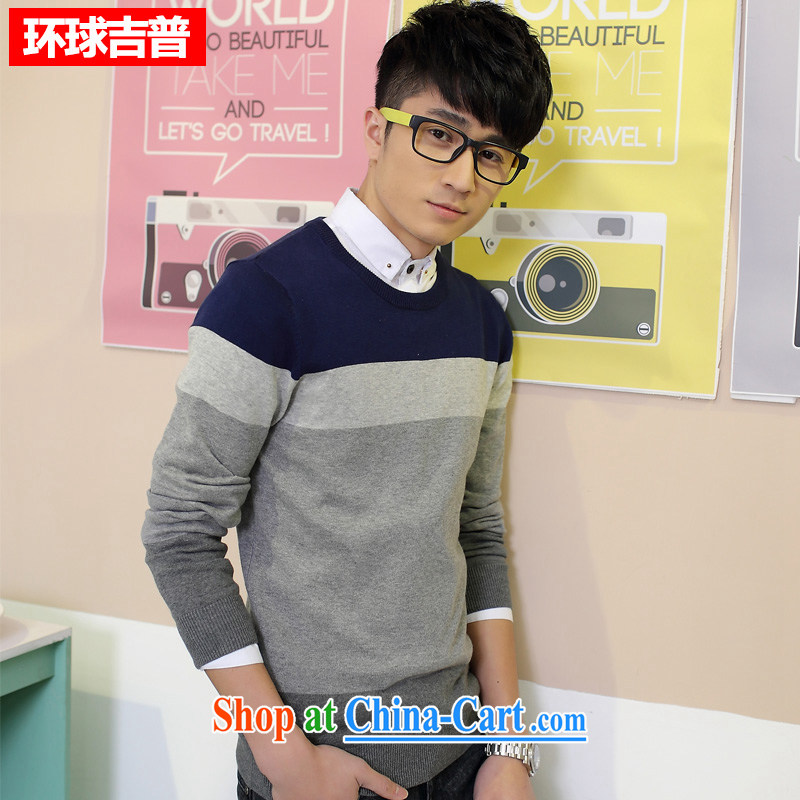 Global jeep 2015 new men's cotton stitching knitted T-shirt casual stylish long-sleeved round-collar and knit shirts and 2008 H Po blue XXXL, global gypsies (HUANQIUJIPU), online shopping
