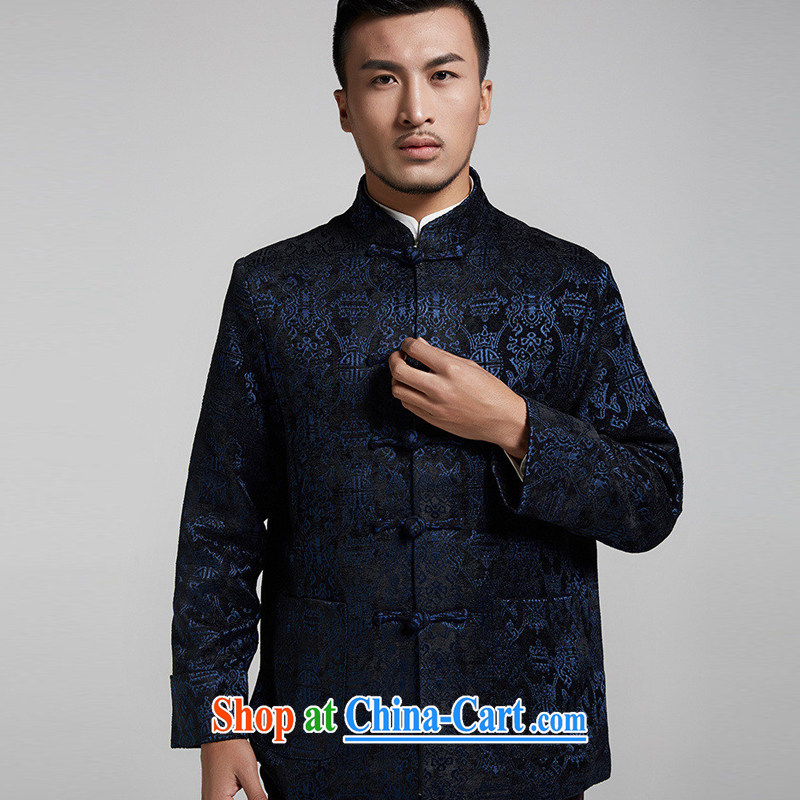 De wind turbine hall fishery gross that Chinese men and turn the cuffs fall and winter long-sleeved jacket Chinese jacquard T-shirt Chinese style Chinese clothing dark blue 4 XL/190, wind, and shopping on the Internet