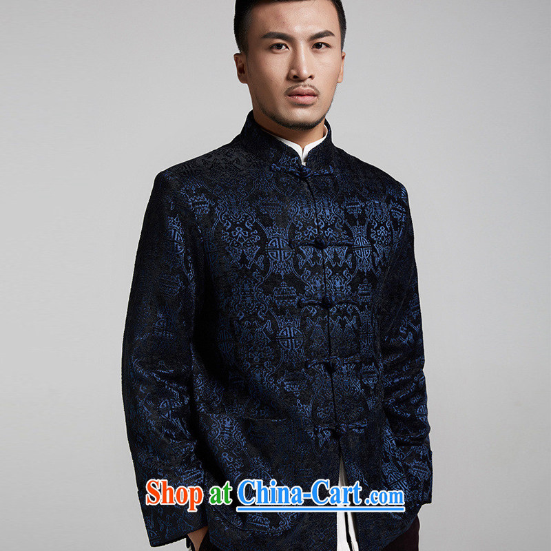 De wind turbine hall fishery gross that Chinese men and turn the cuffs fall and winter long-sleeved jacket Chinese jacquard T-shirt Chinese style Chinese clothing dark blue 4 XL/190, wind, and shopping on the Internet