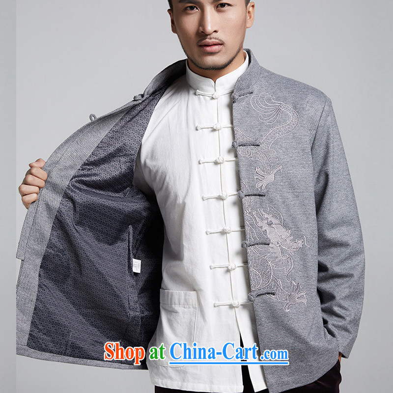 De-tong Dragon is gross Embroidery is, Chinese men's long-sleeved jacket Chinese Winter T-shirt Chinese style Chinese clothing gray 4 XL, de-tong, shopping on the Internet