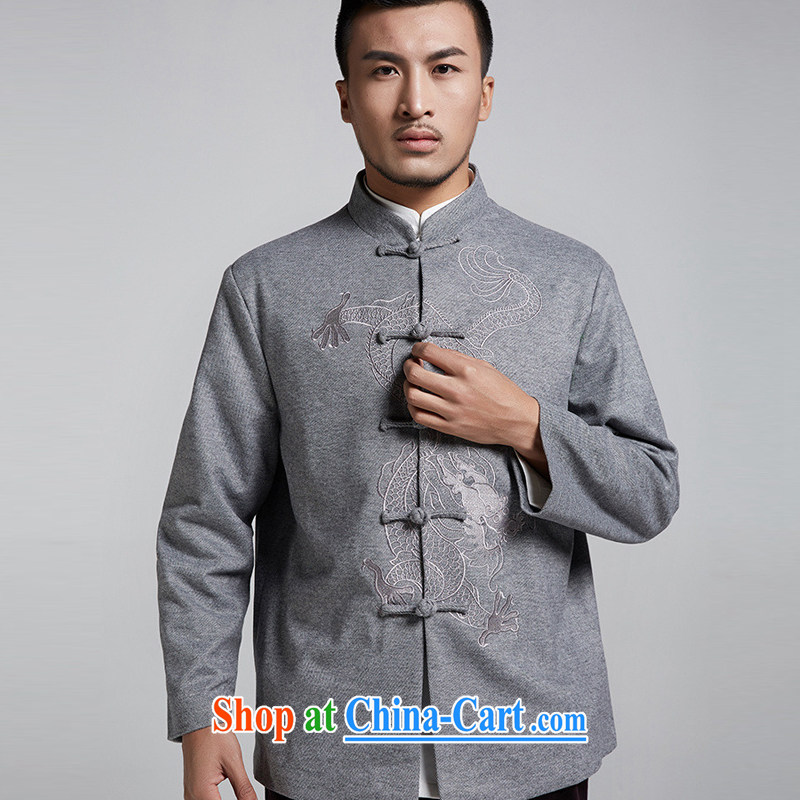 De-tong Dragon is gross Embroidery is, Chinese men's long-sleeved jacket Chinese Winter T-shirt Chinese style Chinese clothing gray 4 XL, de-tong, shopping on the Internet