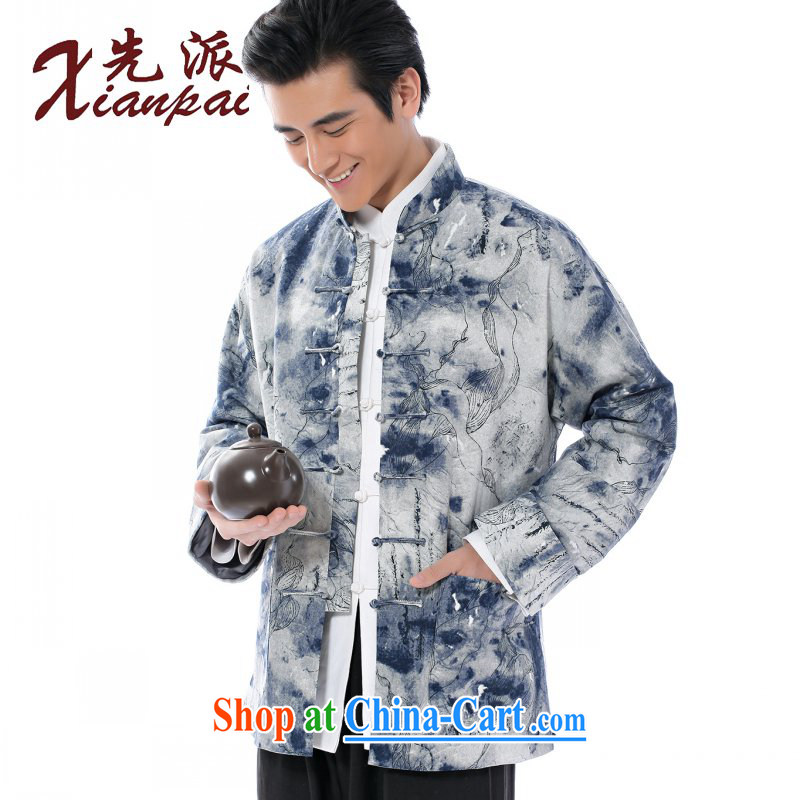 First Spring and Autumn and new linen men's Chinese Antique double-sleeved long-sleeved jacket cynosure serving China wind youth ink art Lotus pattern shirt-tie, for the Lotus pattern linen jacket 4 XL take 5 Day Shipping, to send (xianpai), online shoppi