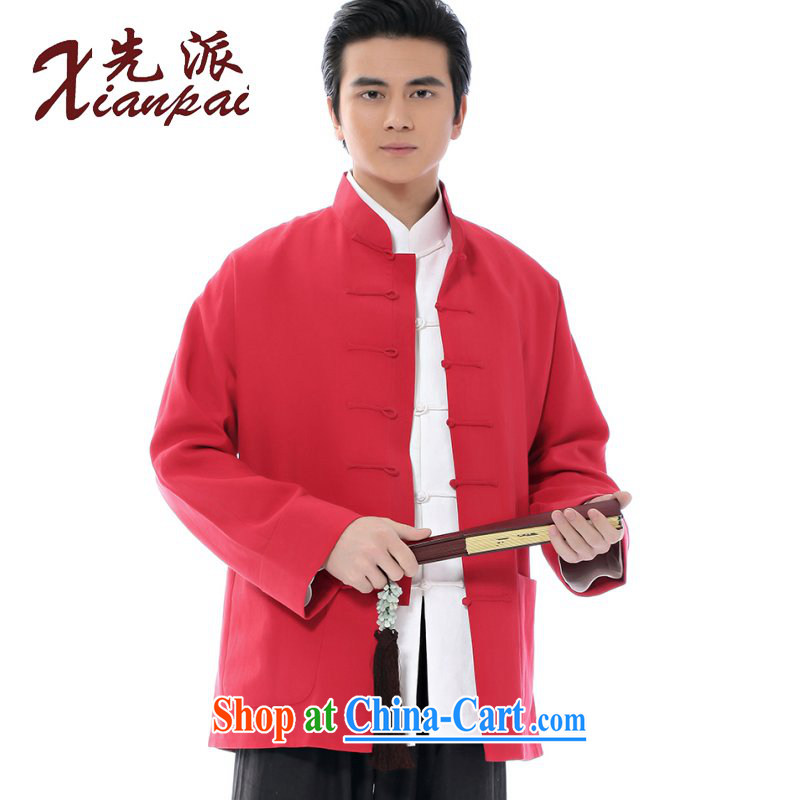 First Spring new Chinese men silk linen jacket retro-style cuff young Chinese style wedding dresses red long-sleeved T-shirt-tie up for Chinese T-shirt red, the jacket XXL
