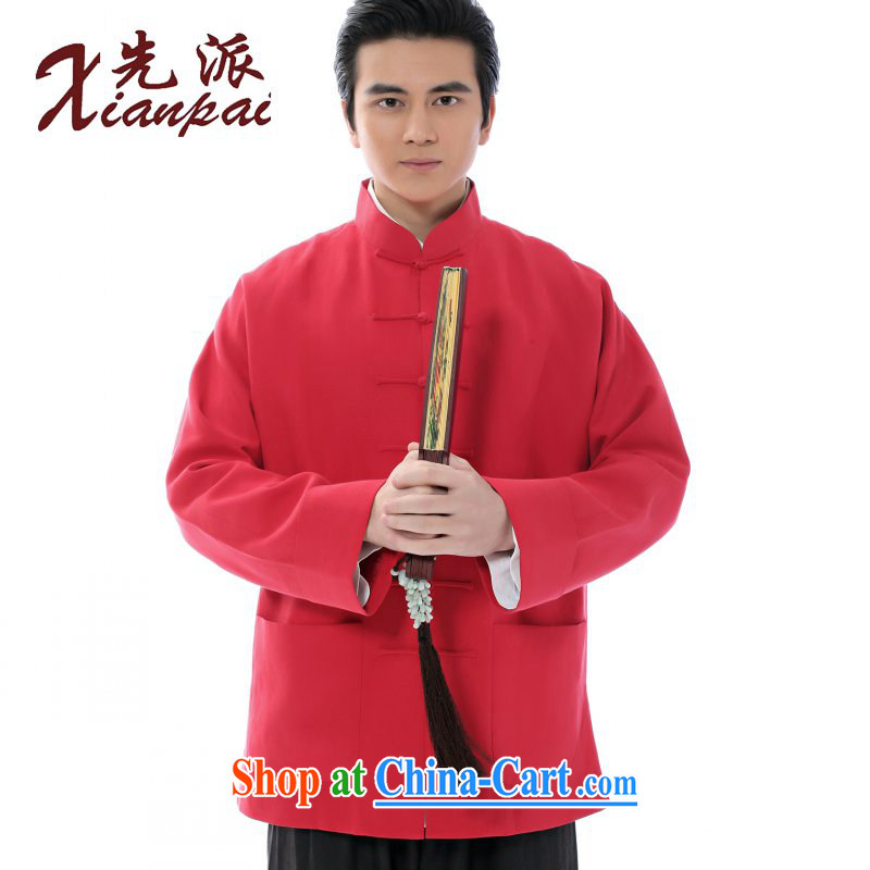 First Spring, Chinese men's Silk linen jacket retro-style cuff young Chinese wind wedding dresses red long-sleeved T-shirt-tie, for Chinese T-shirt red, the jacket XXL, to send (xianpai), online shopping