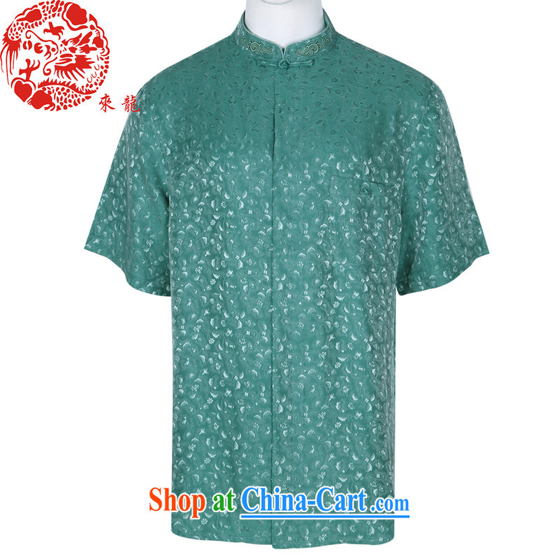 To Kowloon Chinese summer 2015 New China wind men's silk fabric jacquard short-sleeved shirt 15,209 green 48 code Green 52