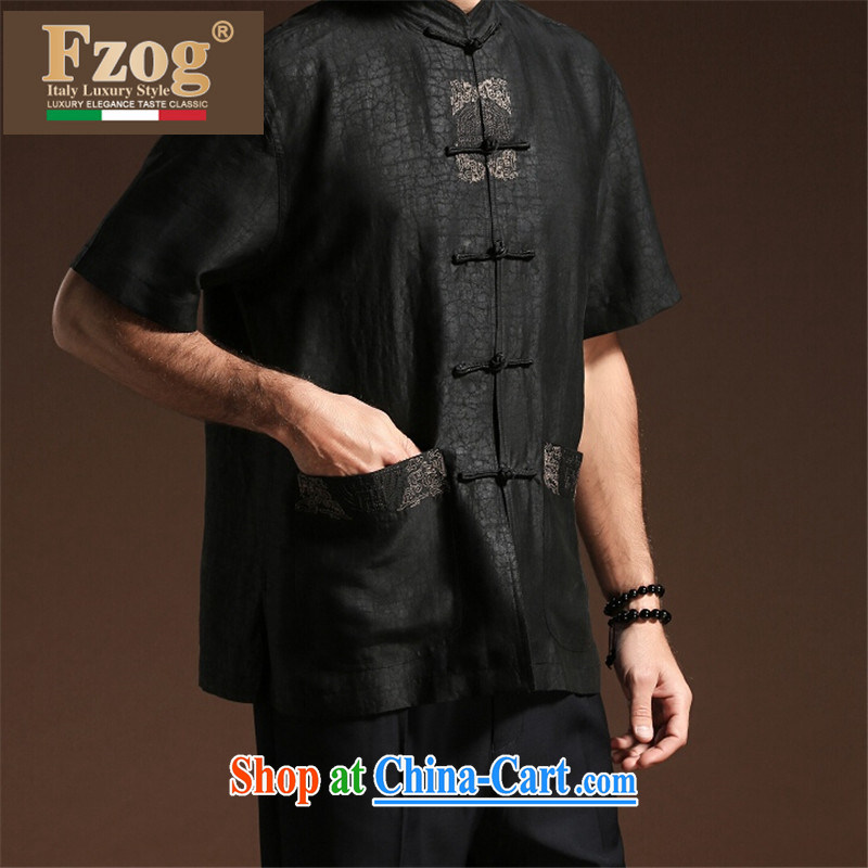 FZOG embroidered Solid Color men's loose men's short-sleeved Tang with coating the leisure 100 ground minimalist breathable black XXXXL, FZOG, shopping on the Internet