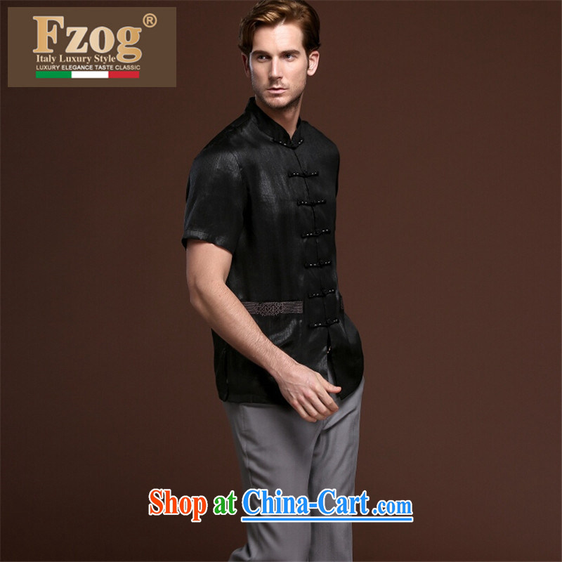 FZOG multi-pocket Solid Color washable men's casual simplicity and middle-aged men's short-sleeved loose Tang with comfortable black XXXXL, FZOG, shopping on the Internet