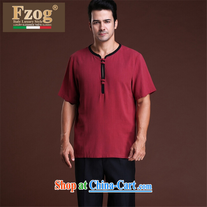 FZOG stylish casual men's loose from HOT DEAL WITH ribbed, older men's solid-colored short-sleeved Tang red XXXXL, FZOG, shopping on the Internet