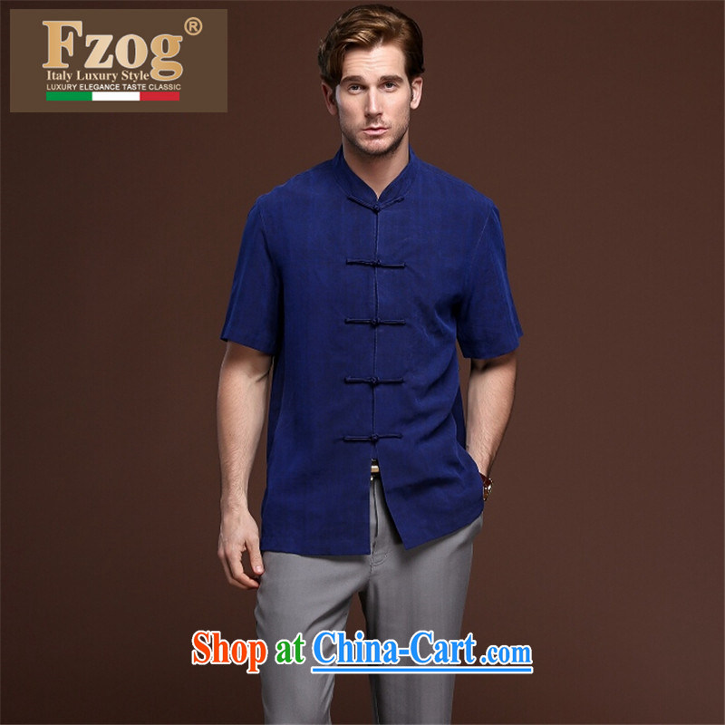 Summer FZOG New Men's casual simplicity and middle-aged men's tie-dyed a solid color coating, short-sleeved Tang blue XXXL, FZOG, shopping on the Internet