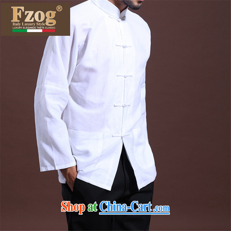 Spring FZOG male leisure middle-aged men's solid color ribbed cloth washable long-sleeved Tang with comfortable white XXXL, FZOG, shopping on the Internet