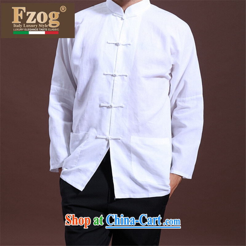Spring FZOG male leisure middle-aged men's solid color ribbed cloth washable long-sleeved Tang with comfortable white XXXL, FZOG, shopping on the Internet