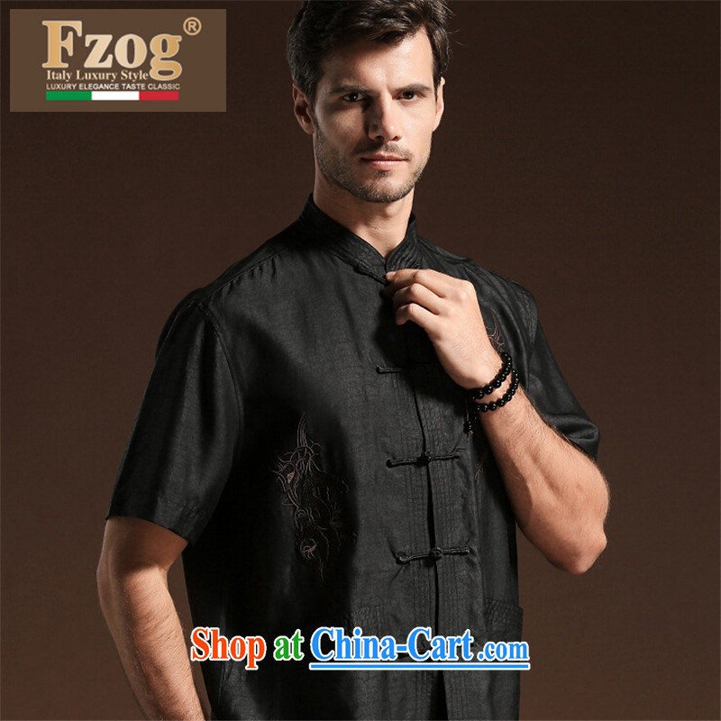 Summer FZOG new embroidered Satin men's casual simplicity and middle-aged men's short-sleeved loose Tang is a solid color black XXXXL, FZOG, shopping on the Internet