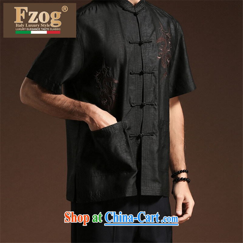 Summer FZOG new embroidered Satin men's casual simplicity and middle-aged men's short-sleeved loose Tang is a solid color black XXXXL, FZOG, shopping on the Internet