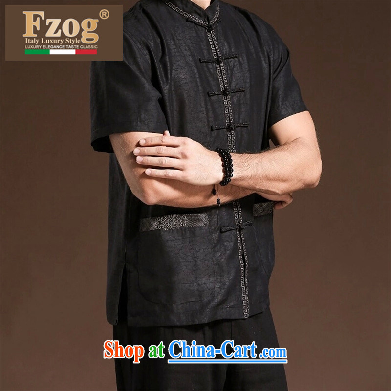 FZOG embroidered Satin Solid Color men's casual simplicity and middle-aged men's short-sleeved loose Tang with breathability and comfort black XXXXL, FZOG, shopping on the Internet
