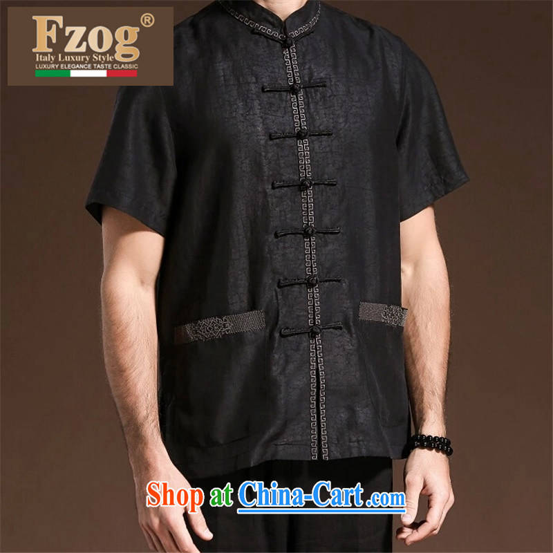 FZOG embroidered Satin Solid Color men's casual simplicity and middle-aged men's short-sleeved loose Tang with breathability and comfort black XXXXL, FZOG, shopping on the Internet