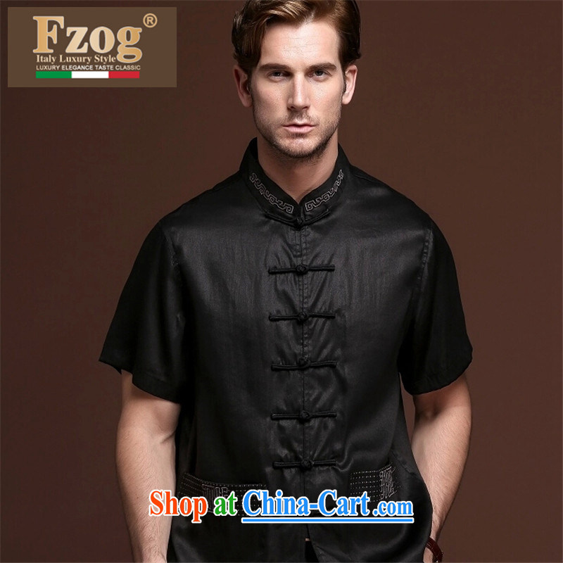 FZOG ribbed cloth embroidered pleated men's middle-aged men and casual simplicity and short-sleeved loose Tang with comfortable black XXXXL, FZOG, shopping on the Internet