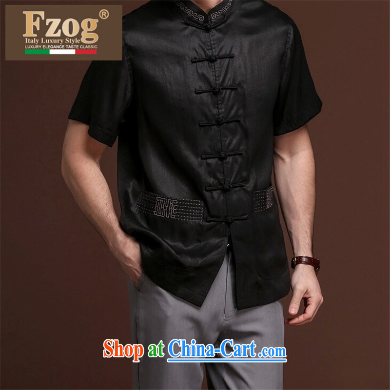 FZOG ribbed cloth embroidered pleated men's middle-aged men and casual simplicity and short-sleeved loose Tang with comfortable black XXXXL, FZOG, shopping on the Internet