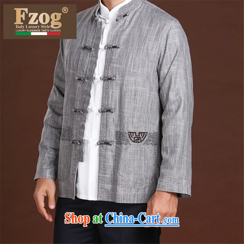 FZOG men's minimalist leisure solid-colored coin decorated with satin middle-aged men's long-sleeved Tang with comfortable 100 to ground gray XXXXL, FZOG, shopping on the Internet