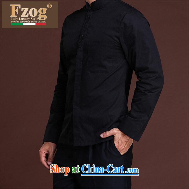 Summer FZOG new leisure men's solid color from hot deal with ribbed, middle-aged men's long-sleeved Tang black XXXL, FZOG, shopping on the Internet