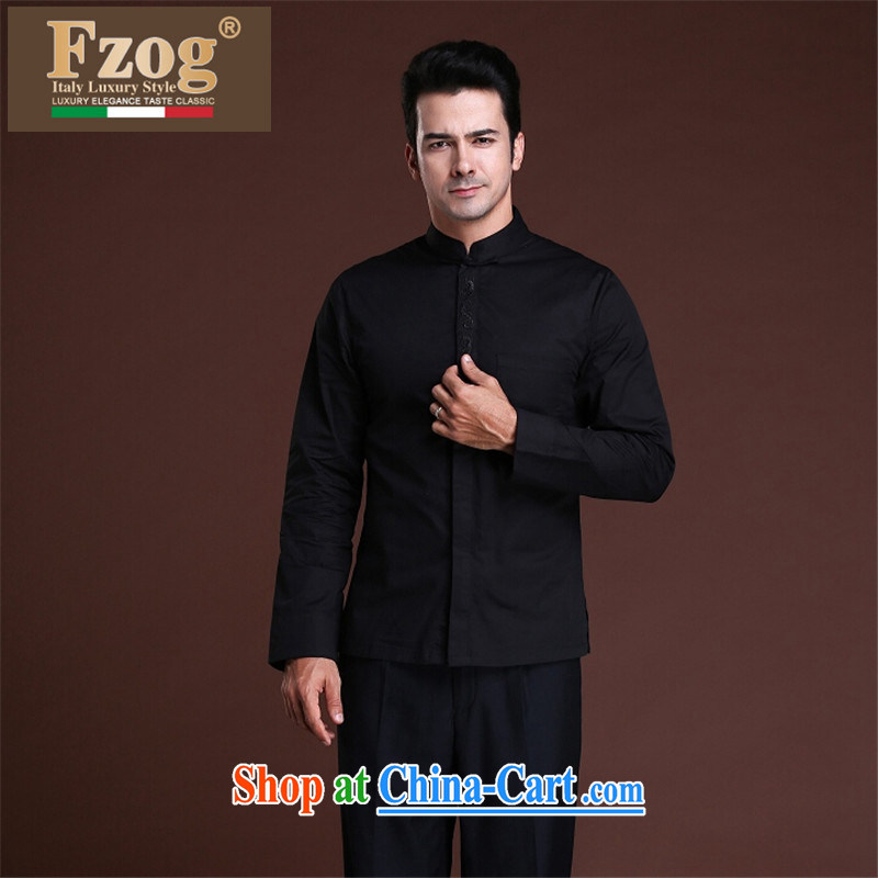 Summer FZOG new leisure men's solid color from hot deal with ribbed, middle-aged men's long-sleeved Tang black XXXL, FZOG, shopping on the Internet