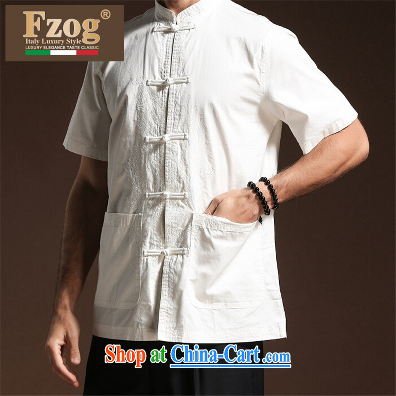 FZOG new ribbed cloth men's solid color satin leisure simple men's short-sleeved Tang with breathable comfort white XXL, FZOG, online shopping