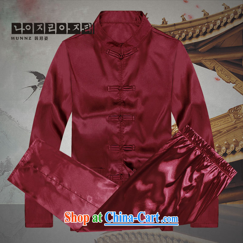 Name HANNIZI, 2015 New China wind men's Tang with long-sleeved set a solid color and the deductions made for casual male, red 190, Korea, (hannizi), shopping on the Internet