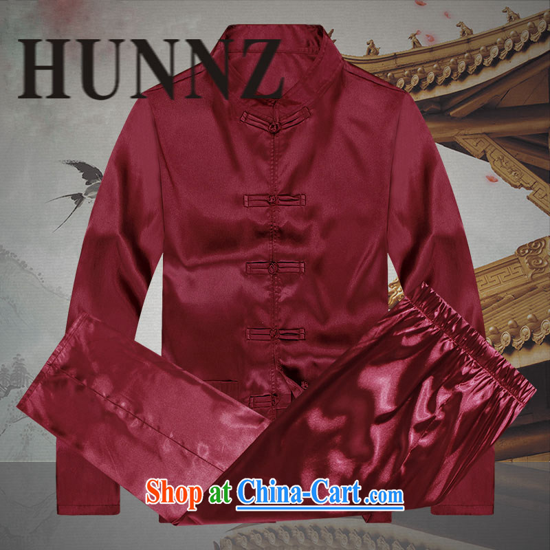Name HUNNZ, 2015 New China wind men's Tang with long-sleeved set a solid color and the deductions made for casual male, red 190