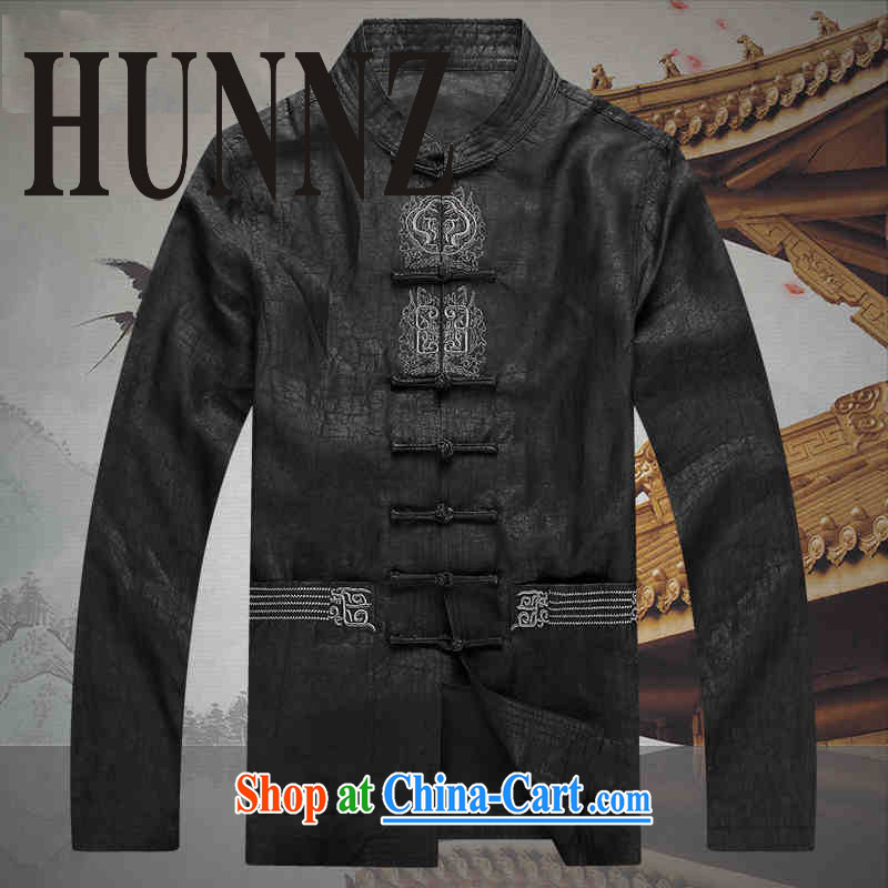 Products HUNNZ 2015 China wind silk damask incense cloud yarn Chinese men long-sleeved T-shirt, older persons smock black XXXL