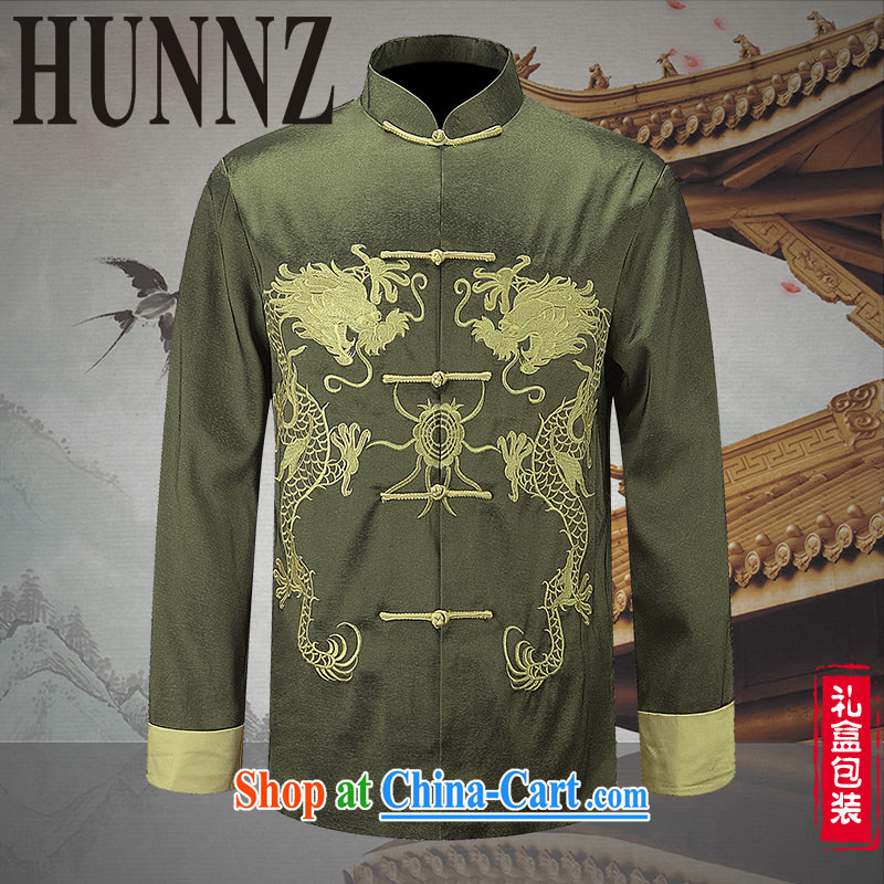 Name HUNNZ, new China wind men's men's Chinese long-sleeved Chinese performances service jacket, embroidered smock green 190, HUNNZ, shopping on the Internet