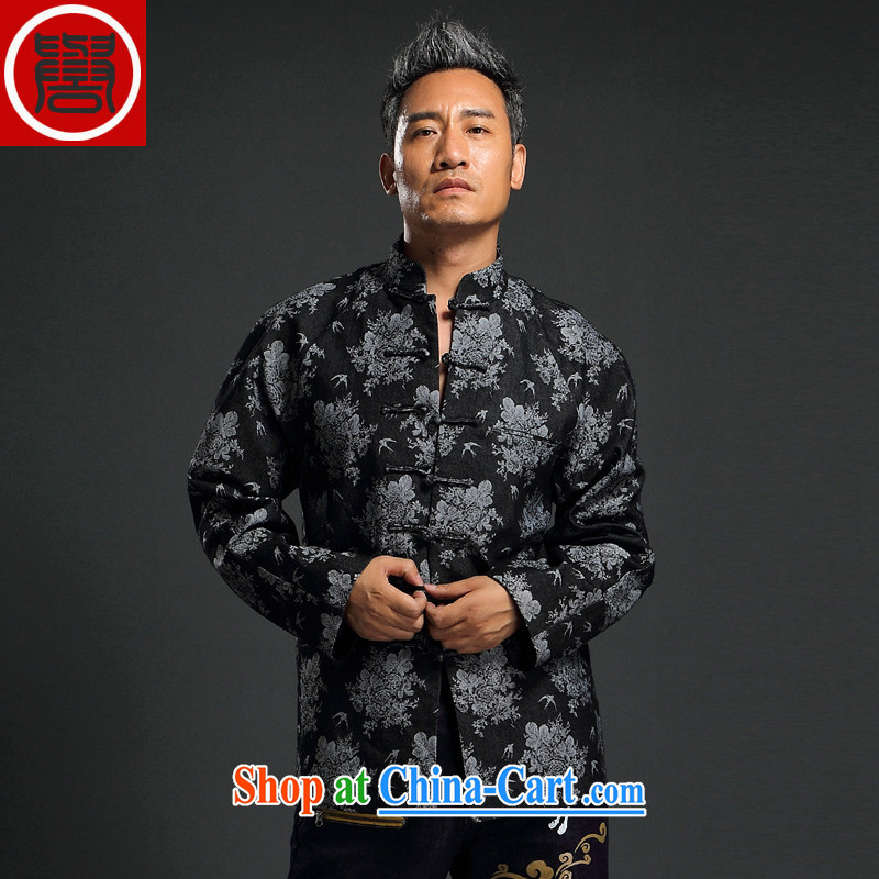 Internationally renowned Chinese men and Chinese hand-tie China wind knitting denim jacket Stylish retro T-shirt, collar jacket black 4XL