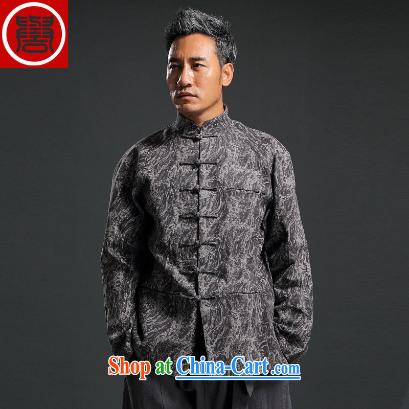 Internationally renowned Chinese style Chinese men and Chinese hand-tie knitted denim jacket stylish jacket and collar retro T-shirt dark gray 4 XL