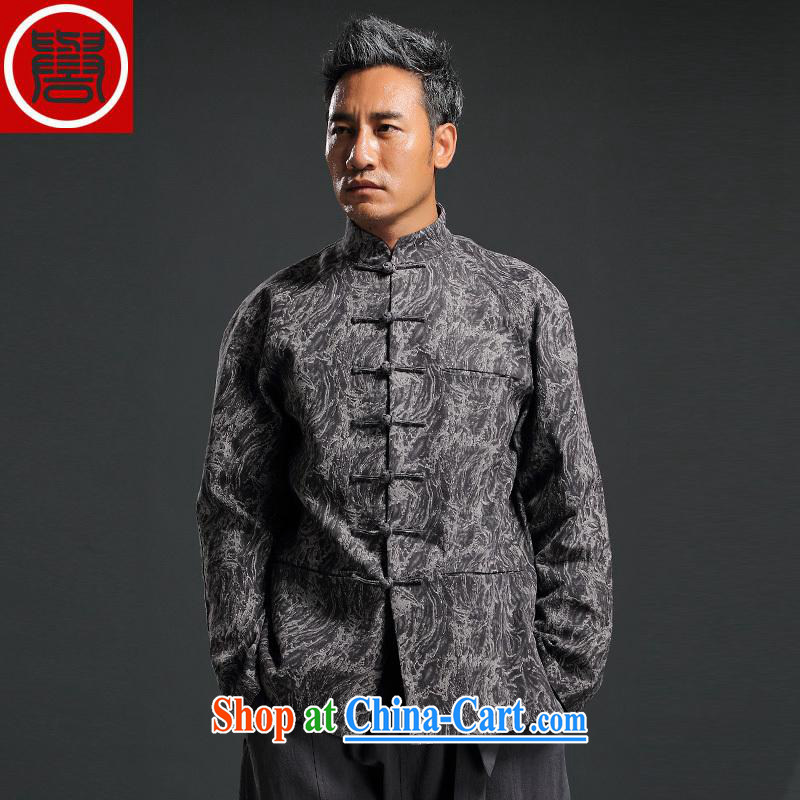 Internationally renowned 2015 autumn and winter wind China Chinese men and Chinese hand-tie knitted denim jacket stylish jacket and collar retro stamp T-shirt dark gray 3 XL