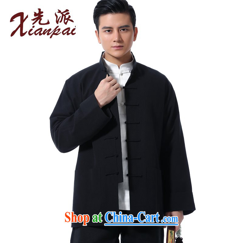 First Chinese male spring silk linen high-end dress retro-shoulder long-sleeved T-shirt traditional Chinese wind older jacket XL leisure relaxed dress dark squares black population the jacket 4 XL new pre-sale 3 day shipping