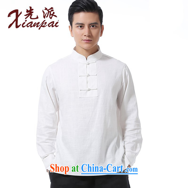 First spring and summer, new Chinese men's long-sleeved linen shirt, collar-tie kit and long-sleeved T-shirt Chinese men's casual relaxed T-shirt stylish Chinese wind youth dress white linen-shirt XXL, first (xianpai), online shopping