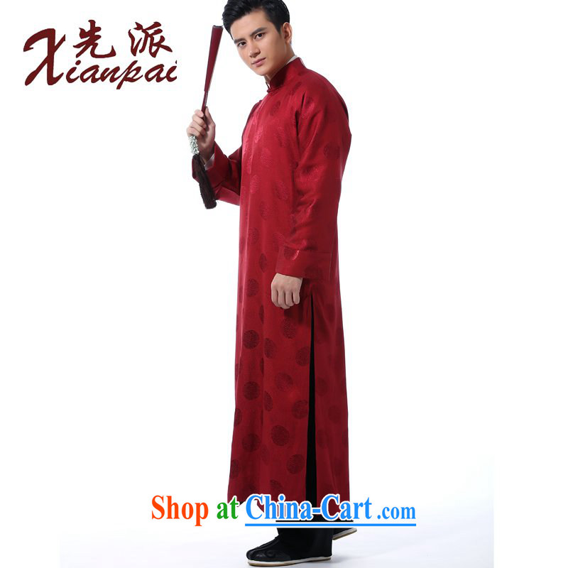 First, Chinese men's traditional retro-shoulder new Chinese Mandarin dress robe stylish Chinese style silk gown is detained for questioning, for national wind the groom wedding dress red circle silk scent crepe gown XL 3 new pre-sale 5 Day Shipping, first