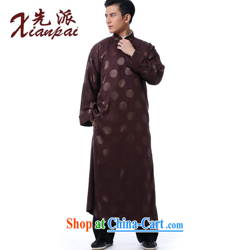 First Spring and Autumn and new Chinese Mandarin dress robe Chinese men's traditional retro-cuff-tie up for National wind in older silk scent crepe gown dress coffee ring silk scent crepe gown XXL new pre-sale 3 day shipping
