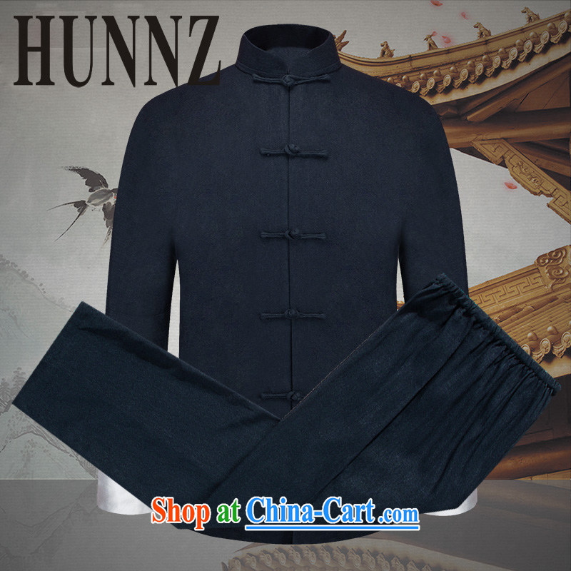 Name HUNNZ, natural cotton the men's kit China wind men's Tang replace smock-snap national dress long-sleeved jacket dark blue 190, HUNNZ, shopping on the Internet