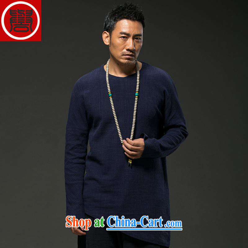 Internationally renowned 2015 China wind spring, men's linen personalized long-sleeved T 桖 loose Chinese men's Spring and Autumn Chinese men's T-shirt blue movement (XXXL), internationally renowned (CHIYU), online shopping